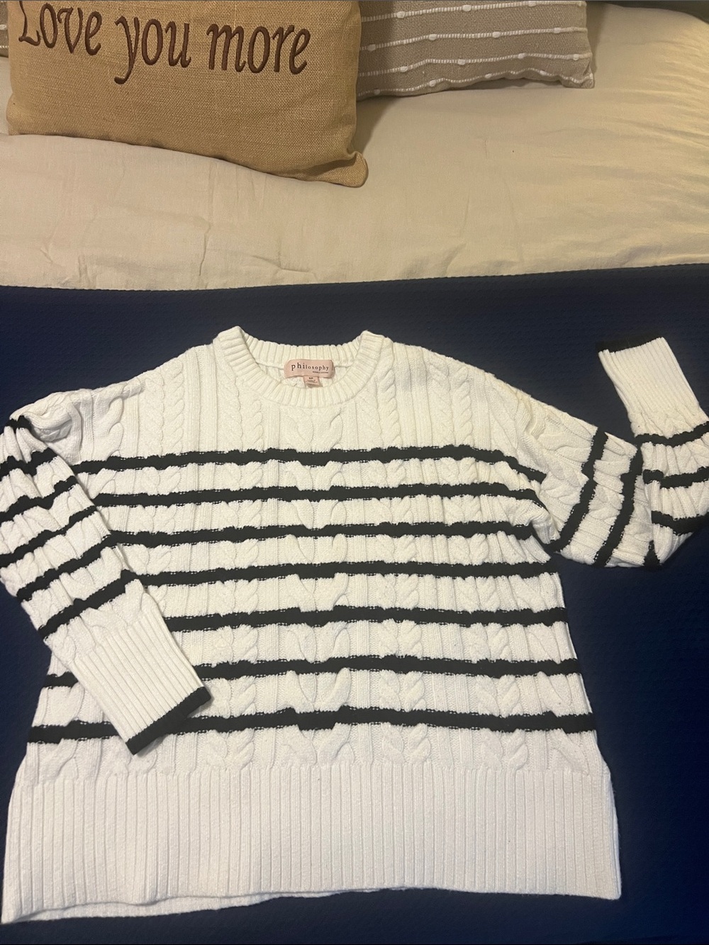 Philosophy di Lorenzo Serafini White and Black Striped Cable-Knit Crew Sweater